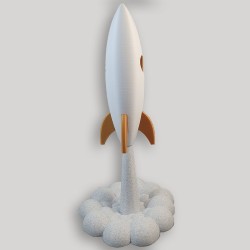 Statuette fusée Bitcoin sur son nuage de décollage - impression 3D blanche pour bureau ou étagère