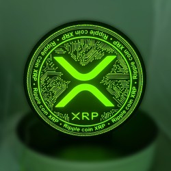 Enseigne XRP lumineuse vue en biais - relief du logo XRP et diffusion de la lumière verte