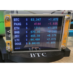 NM Miner affichant les cours des cryptomonnaies sur son socle gravé BTC
