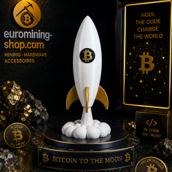 Statuette fusée Bitcoin en impression 3D - fusée blanche décollant de son nuage, déco crypto to the moon