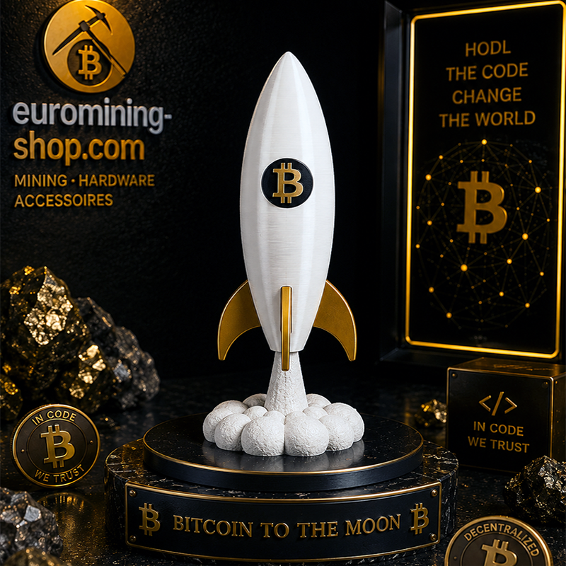 Statuette fusée Bitcoin en impression 3D - fusée blanche décollant de son nuage, déco crypto to the moon
