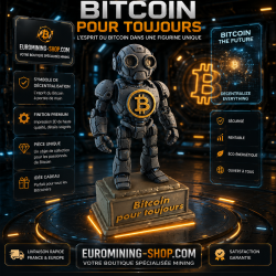 Statuette robot Bitcoin pour toujours - robot en impression 3D avec logo BTC sur le torse, sur socle gravé