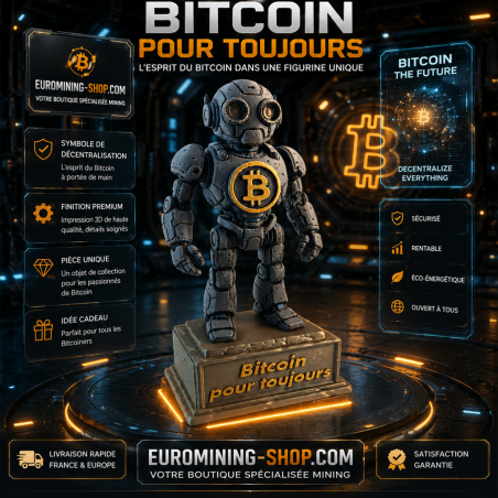 Statuette robot Bitcoin pour toujours - robot en impression 3D avec logo BTC sur le torse, sur socle gravé