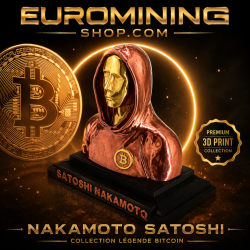 Figurine Satoshi Nakamoto BTC deux couleurs - buste encapuchonné cuivré sur socle noir, impression 3D