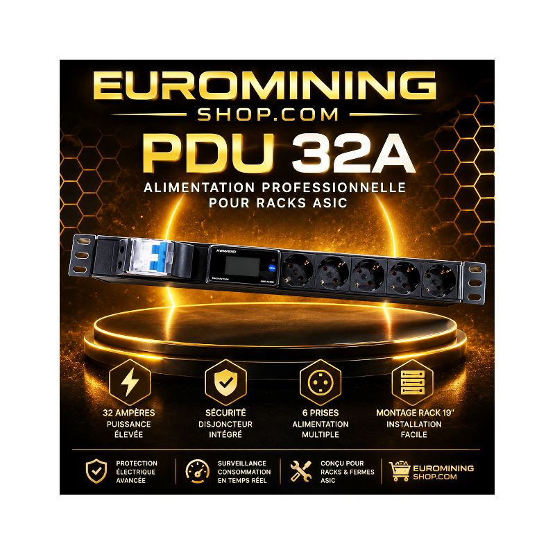 PDU 32 A 8000 W au format rack 19 pouces pour alimenter une ferme de minage