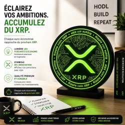 Enseigne XRP lumineuse en situation - disque LED vert au logo XRP posé sur un bureau