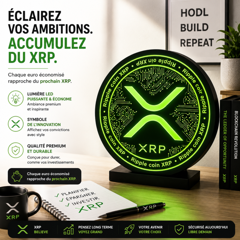 Enseigne XRP lumineuse en situation - disque LED vert au logo XRP posé sur un bureau