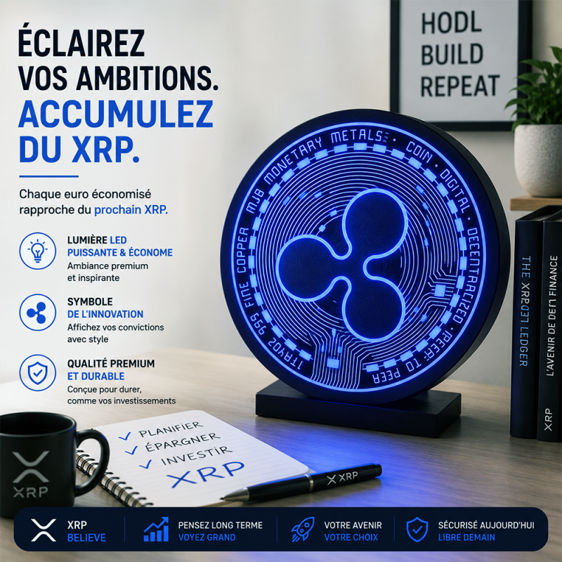 Enseigne Ripple lumineuse en situation - disque LED bleu au logo XRP posé sur un bureau