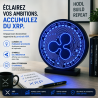 Enseigne Ripple lumineuse en situation - disque LED bleu au logo XRP posé sur un bureau