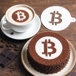 Pochoir Bitcoin en situation - logo BTC saupoudré en cacao sur cappuccino et gâteau