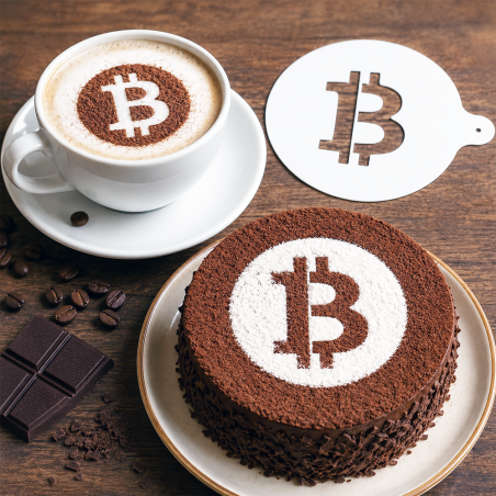 Pochoir Bitcoin en situation - logo BTC saupoudré en cacao sur cappuccino et gâteau