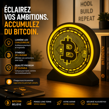 Enseigne ronde Bitcoin lumineuse en situation - disque LED doré au logo BTC sur un bureau