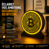 Enseigne ronde Bitcoin lumineuse en situation - disque LED doré au logo BTC sur un bureau