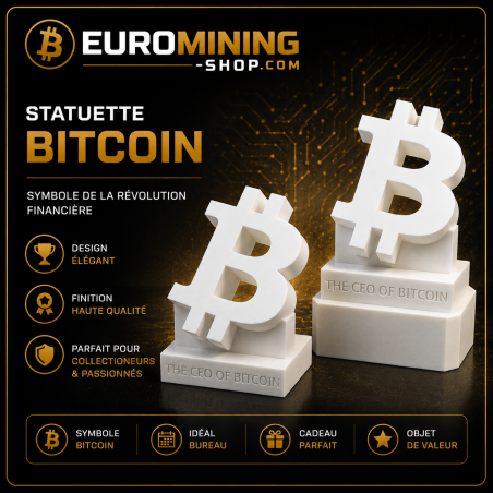 Trophée Bitcoin en impression 3D - statuette du logo BTC sur socle, coloris personnalisable