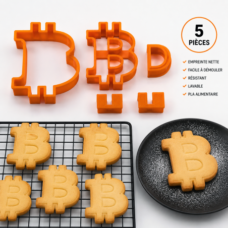 Lot de 5 emporte-pièces Bitcoin en situation - biscuits au logo BTC sortis du four
