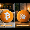 Coussins Bitcoin ronds orange en situation - modèles logo BTC et 21M sur un canapé