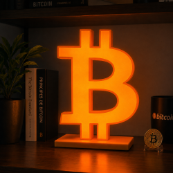 Enseigne Bitcoin lumineuse en situation - logo BTC rétroéclairé LED posé sur un meuble