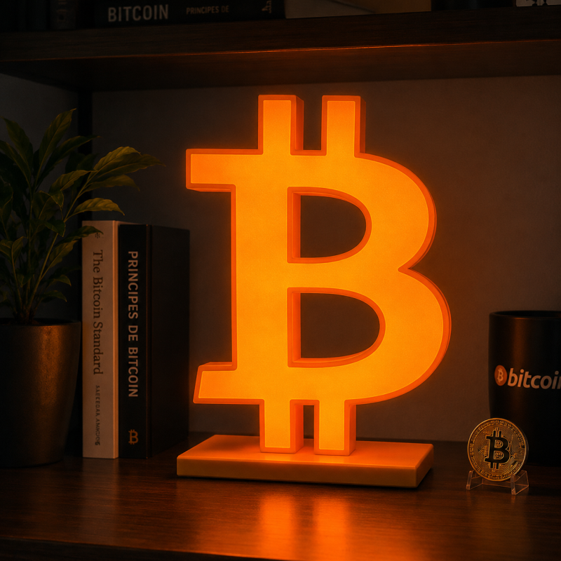 Enseigne Bitcoin lumineuse en situation - logo BTC rétroéclairé LED posé sur un meuble