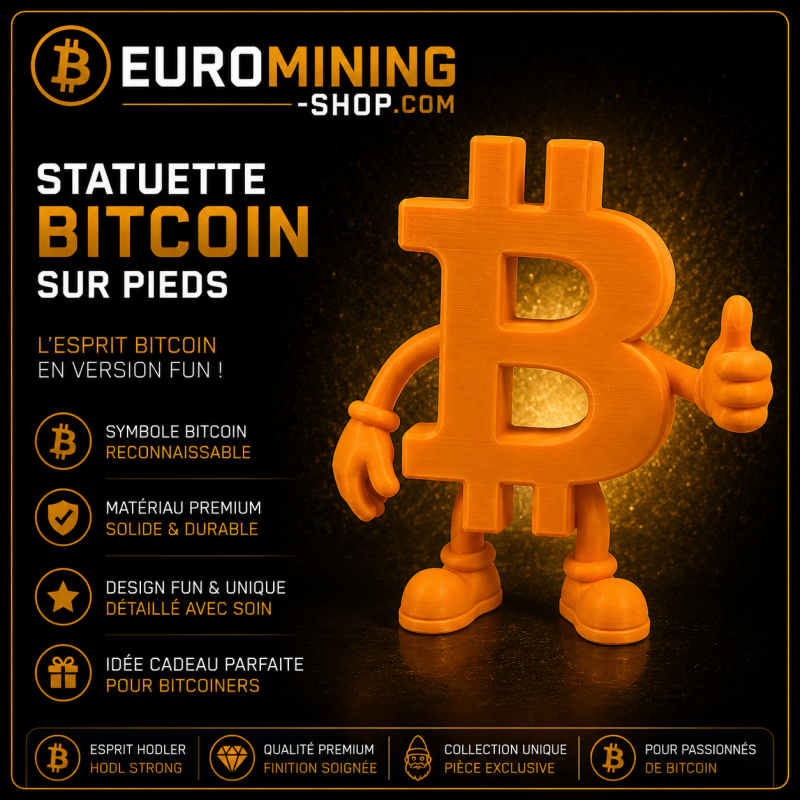Figurine Bitcoin sur pieds en impression 3D - logo BTC personnifié avec bras et jambes