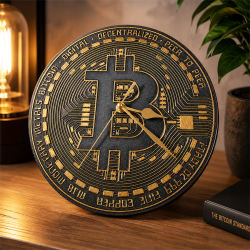 Horloge Bitcoin en situation - horloge murale en forme de pièce BTC dorée posée sur un meuble