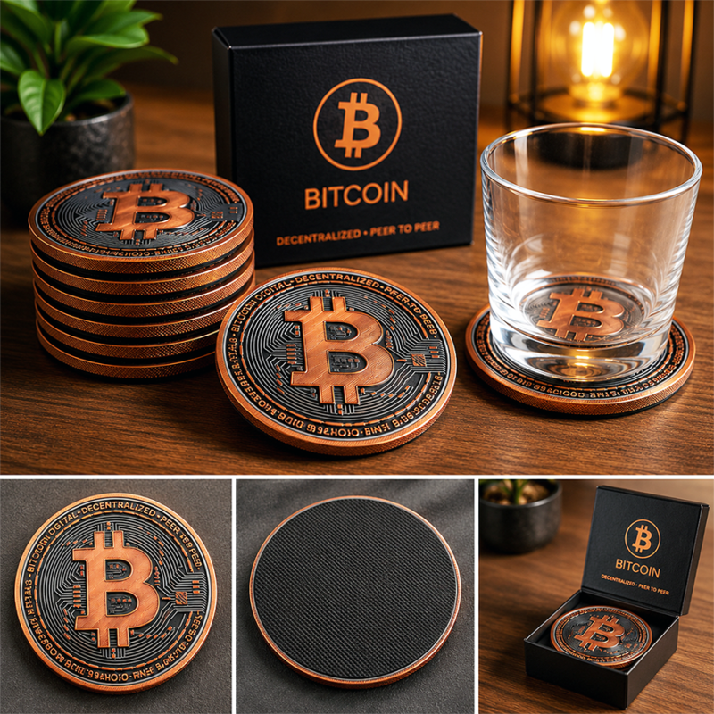Lot de 6 dessous de verre Bitcoin en relief - sous-verres au logo BTC empilés près d'un verre