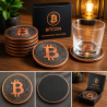 Lot de 6 dessous de verre Bitcoin en relief - sous-verres au logo BTC empilés près d'un verre