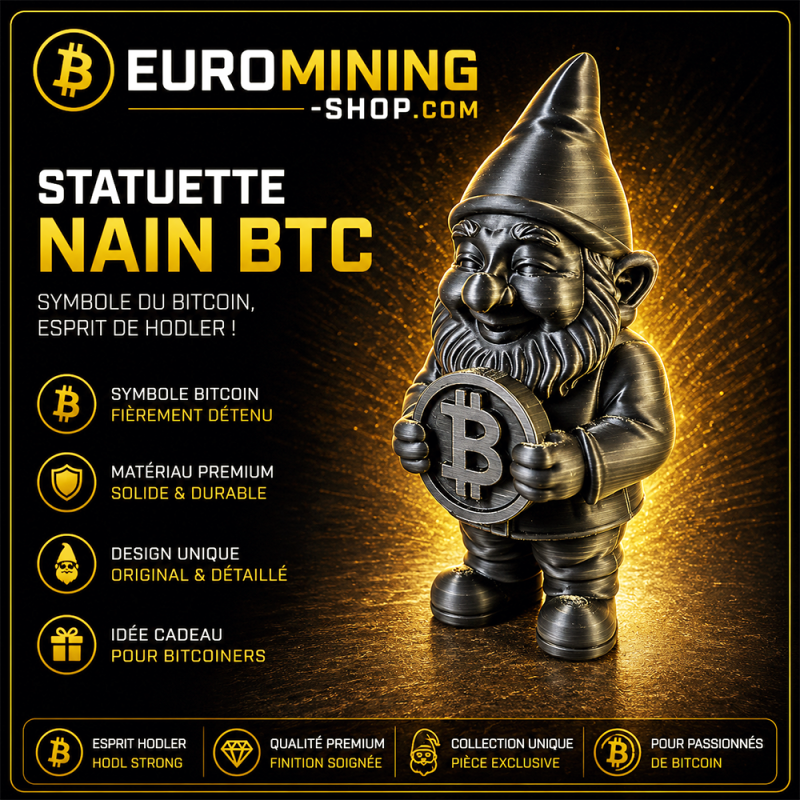 Statuette nain bitcoin en impression 3D - nain de jardin tenant un jeton Bitcoin, plusieurs couleurs au choix