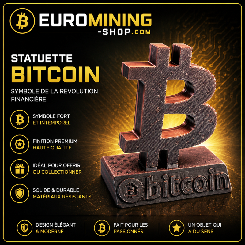 Trophée Bitcoin V2 en impression 3D - logo BTC sur socle gravé bitcoin, coloris au choix