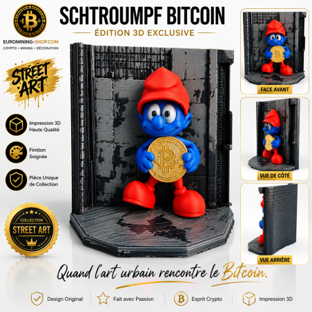 Fresque schtroumpf Bitcoin - personnage bleu au bonnet rouge devant un rack de mineurs, impression 3D