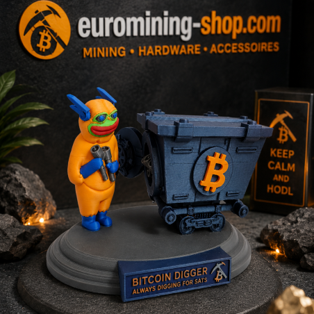 Statuette Bitcoin Hyper en impression 3D - personnage orange poussant un wagonnet de mine au logo BTC