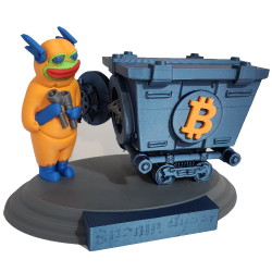 Statuette Bitcoin Hyper vue de face - le personnage orange pousse le wagonnet bleu au logo Bitcoin