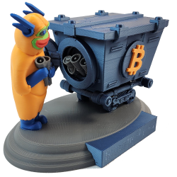 Statuette Bitcoin Hyper vue de l'autre côté - détail des roues et du wagonnet de mine imprimé en 3D