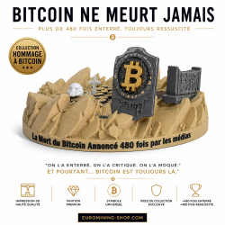 Statuette Bitcoin ne meurt jamais - diorama pierre tombale au logo BTC en impression 3D