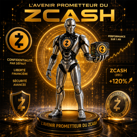 Statuette Zcash en impression 3D - androïde argenté tenant une pièce ZEC, l'avenir prometteur du Zcash