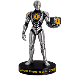 Statuette Zcash vue de face - androïde argenté sur socle noir gravé, pièce Zcash en main