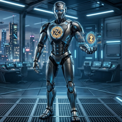 Statuette Zcash mise en scène - l'androïde ZEC dans un décor futuriste