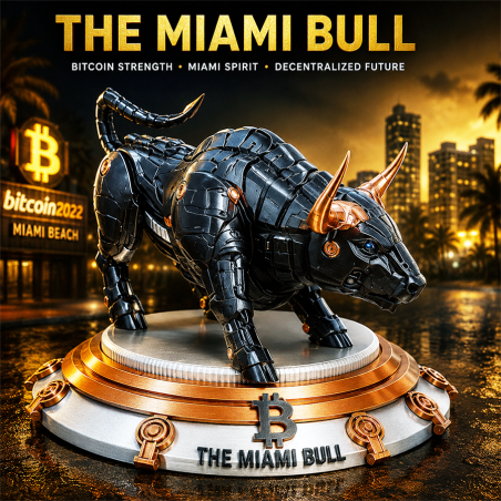 Statuette taureau Bitcoin de Miami en impression 3D - réplique du Miami Bull sur socle bois