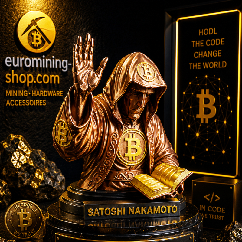 Figurine Satoshi Nakamoto jurant sur le livre blanc - statuette cuivrée en impression 3D