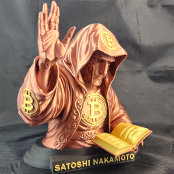 Figurine Satoshi Nakamoto vue de trois quarts - drapé de la robe cuivrée imprimée en 3D