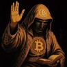 Figurine Satoshi Nakamoto mise en scène - main levée au-dessus du livre blanc du Bitcoin