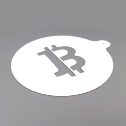 Pochoir Bitcoin vu de dessus - découpe du logo BTC pour décoration de café et de pâtisserie