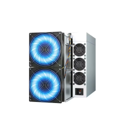 Antminer S21 Pro+ en fonctionnement - ventilateurs éclairés en bleu sur la façade