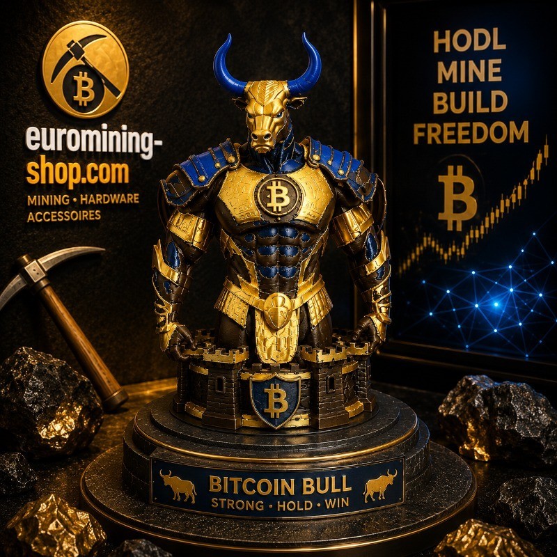 Buste taureau Bitcoin en impression 3D - guerrier doré à tête de taureau, hodl mine build freedom