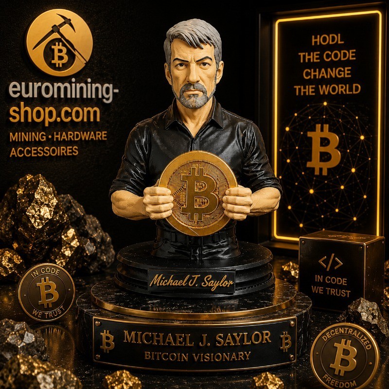 Statuette Michael Saylor tenant un Bitcoin - buste en impression 3D sur socle gravé