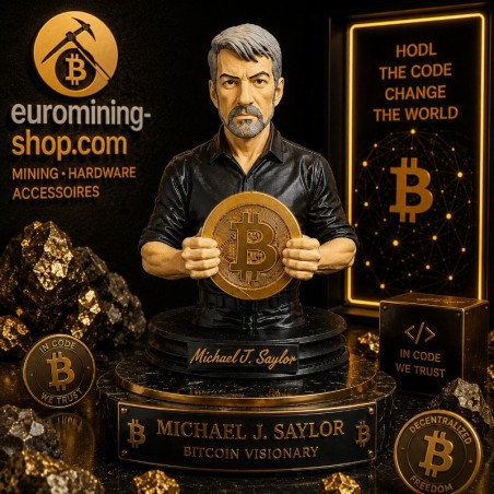 Statuette Michael Saylor tenant un Bitcoin - buste en impression 3D sur socle gravé