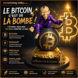 Statuette Le Bitcoin c'est de la bombe - personnage en costume violet assis sur une bombe Bitcoin dorée, impression 3D