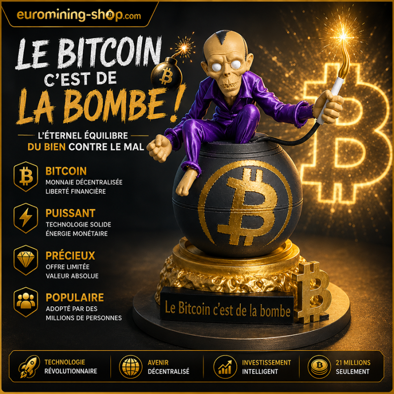 Statuette Le Bitcoin c'est de la bombe - personnage en costume violet assis sur une bombe Bitcoin dorée, impression 3D