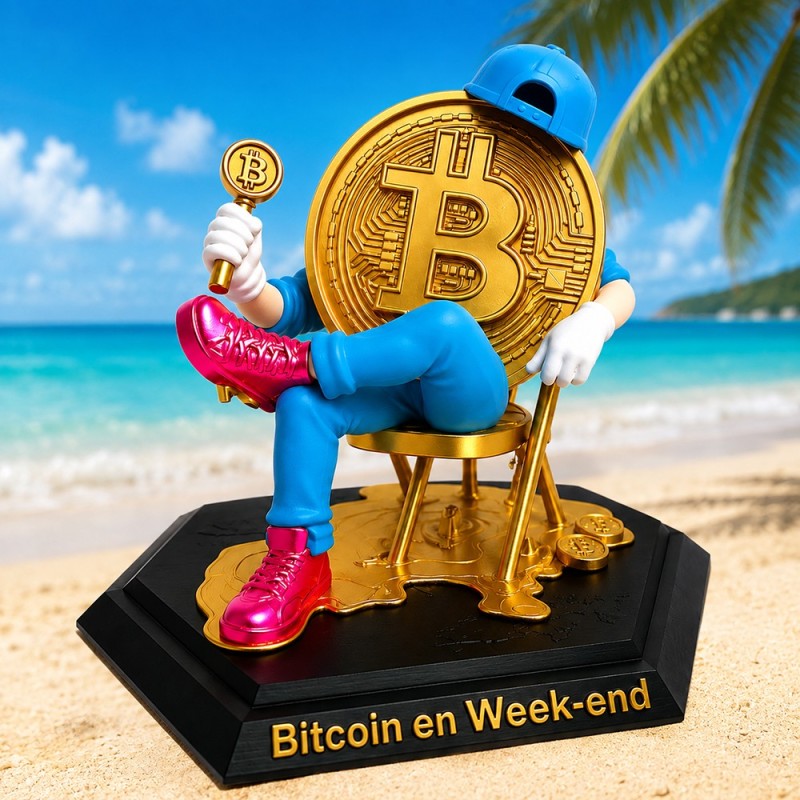 Statuette le Bitcoin est en weekend en bord de mer - le BTC en casquette et baskets sur son siège doré, socle gravé