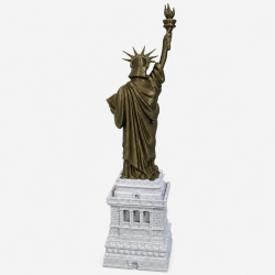 Statuette Bitcoin la Liberté vue de trois quarts arrière - piédestal en pierre claire imprimé en 3D