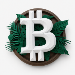Ornement mural Bitcoin végétale vu de face - logo BTC blanc en relief sur feuillage vert et cadre en bois